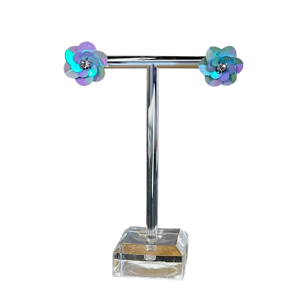 Blue Sequin Flower Post Earrings